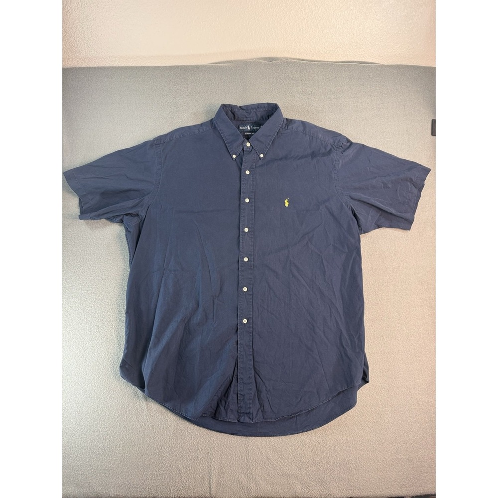 Ralph Lauren Shirt Mens 2XL Blue Solid Short Sleeve Button Down Classic Fit